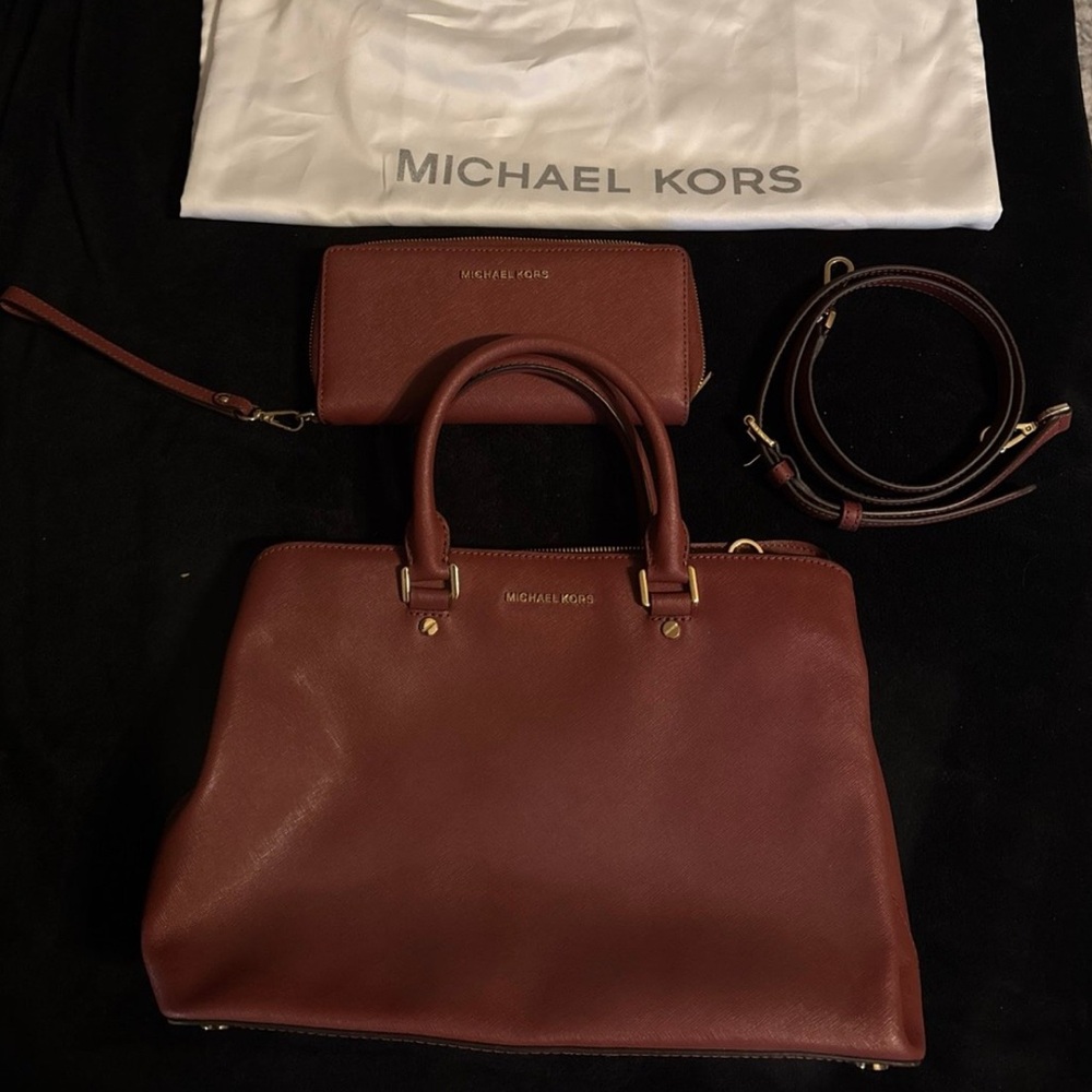 Michael Kors Burgundy Leather Satchel and Wallet Set
